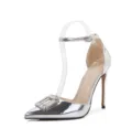 Zapatos de tacón plateados de punta con hebilla cuadrada de cristal y correa en el tobillo. - 35 / Plateado