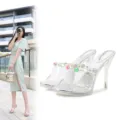 Transparante hoge hak sandalen met kleurrijke strass steentjes, 10 cm stiletto feest schoenen - 35 / Zilver