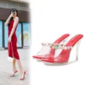 Transparante hoge hak sandalen met kleurrijke strass steinen en 10 cm stilettohak voor dames. - 35 / Rood