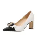 Chic French retro block heel pumps, black and white pointed shoes with elegant bow and buckle. - 35 / White