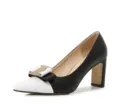 French vintage black and white block heel pumps with bow and metal buckle for women. - 35 / Black