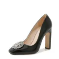 Black patent leather high heels with square toe and sparkling crystal brooch for wedding. - 35 / Black