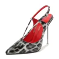 Sexy leopard print pointed toe slingback high heels with metal stiletto heel and red lining. - 35 / White