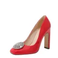 Red patent leather high heels with crystal buckle, square toe chunky heel dress shoes for women. - 35 / Red