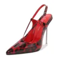 Sexy pointed toe leopard slingback stiletto high heels women's designer party shoes. - 35 / Red