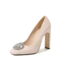 Elegant beige square toe high heels with sparkling rhinestone buckle, stylish chunk heels. - 35 / Apricot