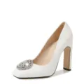 Elegant white high heels with rhinestone buckle, square toe block heel pumps for women wedding. - 35 / White