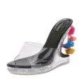 Transparente PVC High Heel Pantoletten mit schwarzer Sohle und bunten Blumenanhängern. - 35 / Schwarz