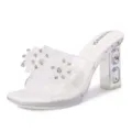 Women Clear Crystal Flower Chunky Heel Mule Sandals White Transparent Heels Shoes - 35 / White