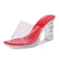 Klarsicht PVC Riemen rote High Heels klobiger Strass Absatz Pantoletten Sandalen - 35 / Rot