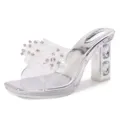 Crystal rhinestone chunky heel transparent mules open toe high heels fashion women shoes - 35 / Silver