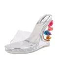 Transparente Keilabsatz Sandalen Damen bunte Blumen Anhänger Plateau High Heels Schuhe - 35 / Silber