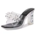 Crystal rhinestone chunky heel transparent slippers, open toe high heels for women fashion. - 35 / Black