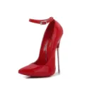 Red patent leather pointy toe stiletto high heels with elegant ankle strap for women. - 35 / Red