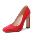 Red patent leather square toe chunky high heels women stylish wedding work dress pumps shoes - 35 / Red