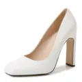 White patent leather square toe block high heels women elegant party dress wedding work shoes - 35 / White