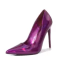 Purple metallic patent leather stiletto high heels pointed toe dress pumps for women. - Purple