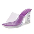 Stylish Purple Rhinestone Chunky Heel Platform Mule Sandals with Transparent Strap - Purple