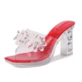 Crystal beaded clear high heels women sandals open toe chunky heel party wedding shoes - 35 / Red