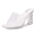 Clear chunky high heel sandals for women, rhinestone embedded wedding dress shoes platform. - White