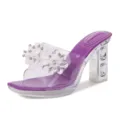 Crystal rhinestone embellished chunky heel clear mule sandals for women stylish open toe shoes. - Purple