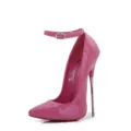 Hot pink patent leather stiletto high heels with metal heel and ankle strap for women. - 35 / Peach Pink