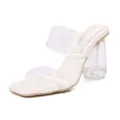 Clear Strap High Heel Mules Transparent Chunky Heel White Sandals for Women Summer - 36 / White
