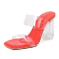 Red Clear Strap Chunky High Heel Sandals Women Summer Transparent Mules Shoes Size 36 - 36 / Red