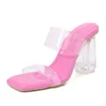 Sandalias de tacon alto gruesas transparentes rosadas para mujer zapatos verano. - Rosa rojo