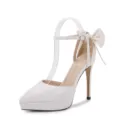 White pointed toe high heels with platform, stiletto heel and elegant bow detail for women. - 36 / White