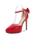 Red patent leather platform high heels with stiletto heel, ankle strap and cute bow. - 35 / Red