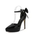 Black patent leather stiletto high heels with pointed toe, ankle strap and bow decor. - 35 / Black