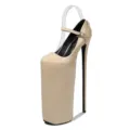 Beige patent leather extreme high heels featuring a massive platform and stiletto heel. - 35 / Apricot
