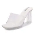 Clear strap chunky high heel slide sandals in white, stylish transparent summer sandals. - 35 / White