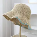Beige woven straw sun hat with blue stitch trim, wide brim summer beach vacation cap style - Adjustable / Beige Cross-Stitched Edge