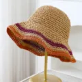 Handmade Straw Bucket Hat Summer Beach Sun Protection Striped Wide Brim Sunhats Style - Adjustable / Khaki