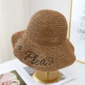 Cappello da sole in paglia estivo per donna con ricamo di lettere, cappello da spiaggia. - Regolabile (54-58cm) / Kaki