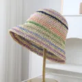 Colorful striped straw bucket hat for women summer beach vacation casual sun protection hat - Beige / Adjustable