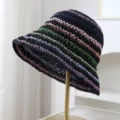 Stylish women striped straw bucket hat summer beach sun protection casual basin hat chic design - Black / Adjustable