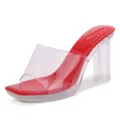 Red transparent chunky heel sandals women clear strap high heel mule variant footwear - 35 / Red