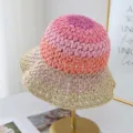 Color gradient woven bucket hat for women, breathable straw hat for summer beach vacation. - Adjustable / Pink