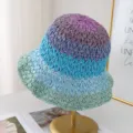 Colorful gradient straw bucket hat, breathable woven sun hat for women summer beach vacation. - Adjustable / Blue