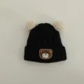 Cute baby knitted hat with pom poms, winter warm infant beanie, adorable bear patch design. - Suggested 1-3 Years (46-50cm) / Black