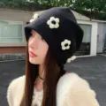 Women black slouchy knitted beanie hat with 3d white flower sweet cool winter cap - M (54-58cm) / Black