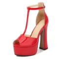 Red patent leather platform chunky heel T-strap open toe women's high heel sandals. - 35 / Red