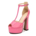 Pink platform high heel sandals for women, open toe t-strap chunky heel dress shoes. - 35 / Rose Pink