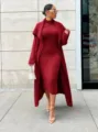 Women Autumn Winter Fuzzy Long Cardigan Dress Two Piece Set Elegant Fashion Outfit. - 4XL / Top And Bottom / Burgundy