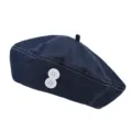 Denim baret hoed voor vrouwen, stijlvolle contrasterende stiksel schildersmuts met witte knopen. - Knoopsluiting / Donkerblauw