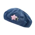 Blauwe denim baret met roze ster patch, stijlvolle Koreaanse schilder hoed voor vrouwen variant. - Ster Stijl / Middelblauw
