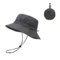 Dark grey quick-drying bucket hat with adjustable chin strap and foldable storage pouch design. - One Size / Gray